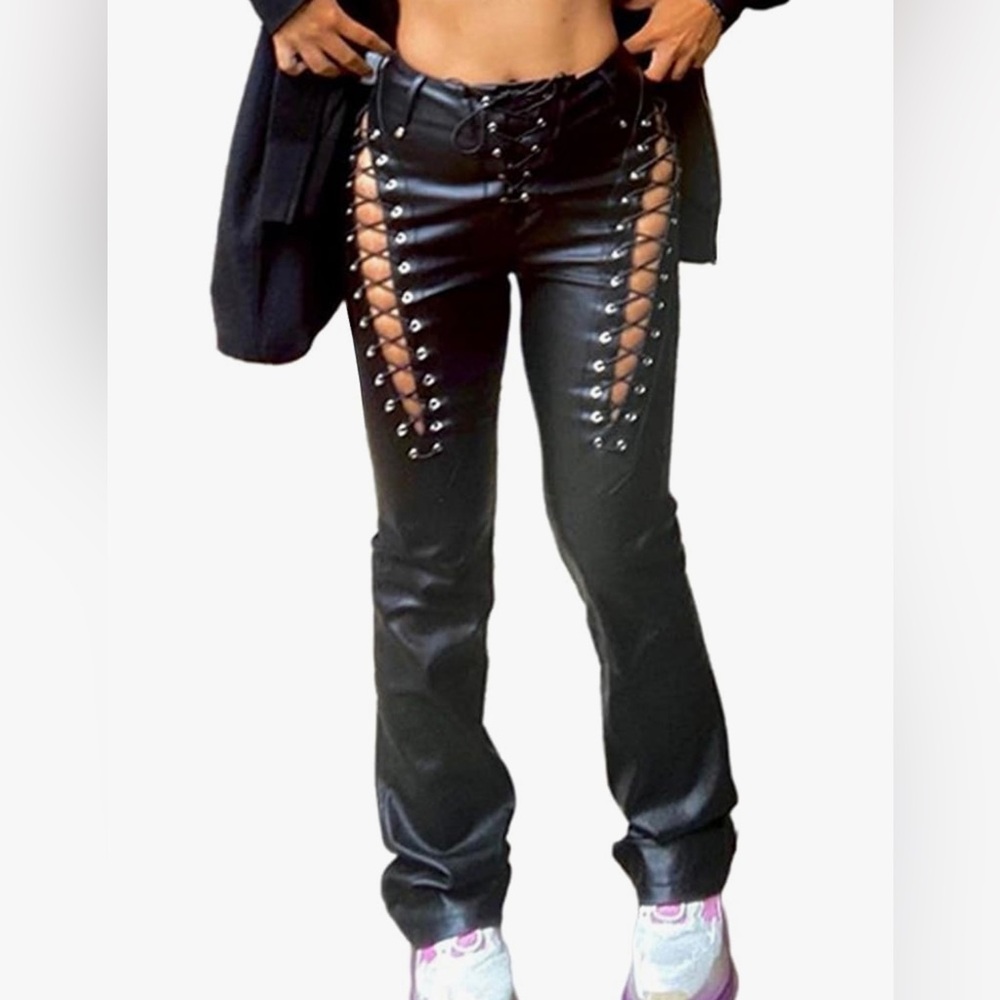 Lace Up PU Leather High Waist Out Drawstring Bandage Cut Out Faux Leather Pants